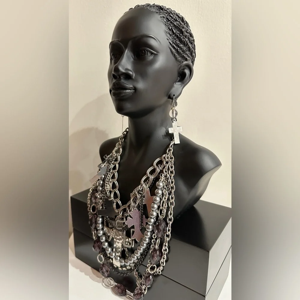 Bold Silver Statement Necklace with Cross Charms & Matching Earrings